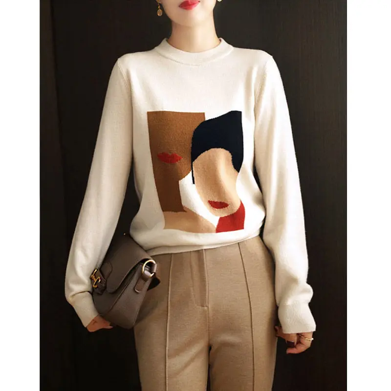 Half high necked sweater for women's autumn/winter 2023 new fashionable knitted base sweater with printed pullover top