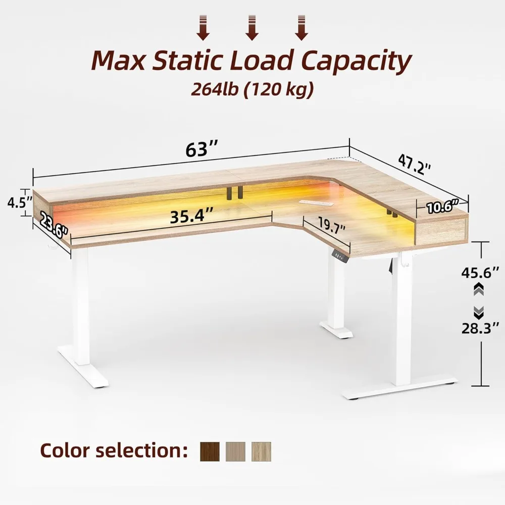 63'' L-Shaped Standing Desk Height Adjustable Corner Table with LED Light Strip Power Outlet And Ergonomic Monitor，Customized