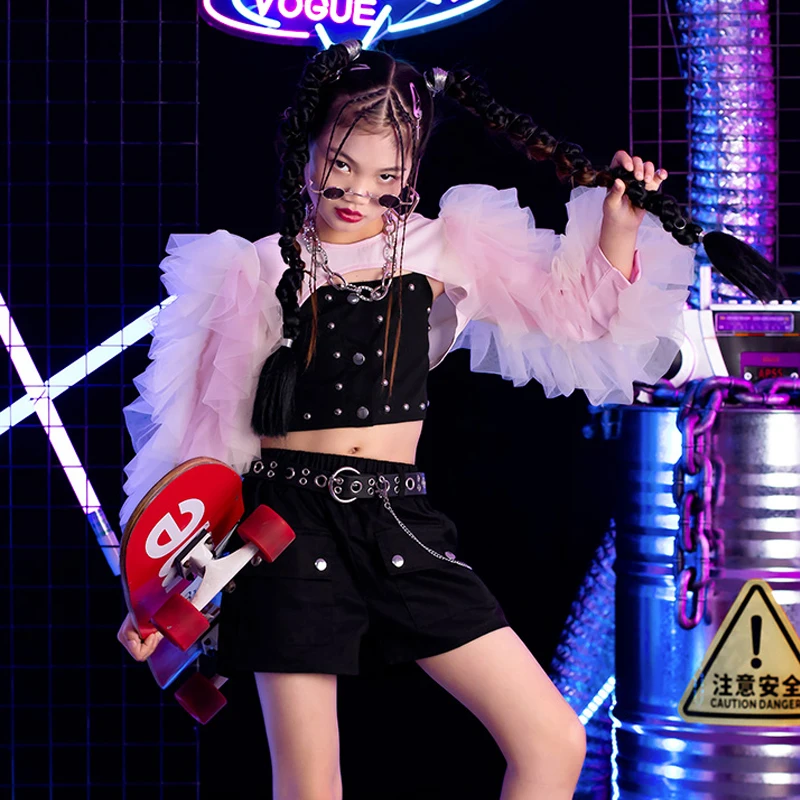 

Girls Group Performance Kpop Outfit Puff Sleeves Top Jazz Shorts Kids Hip Hop Stage Catwalk Clothing Street Dance Wear XS6478