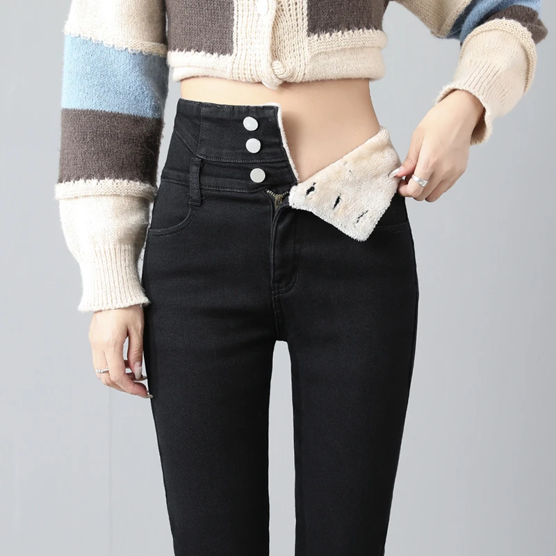 Winter New Fleece High Waist Jeans for Women Classic Black Stretch Thickened Warm Slim Plush Velvet Pencil Denim Trousers