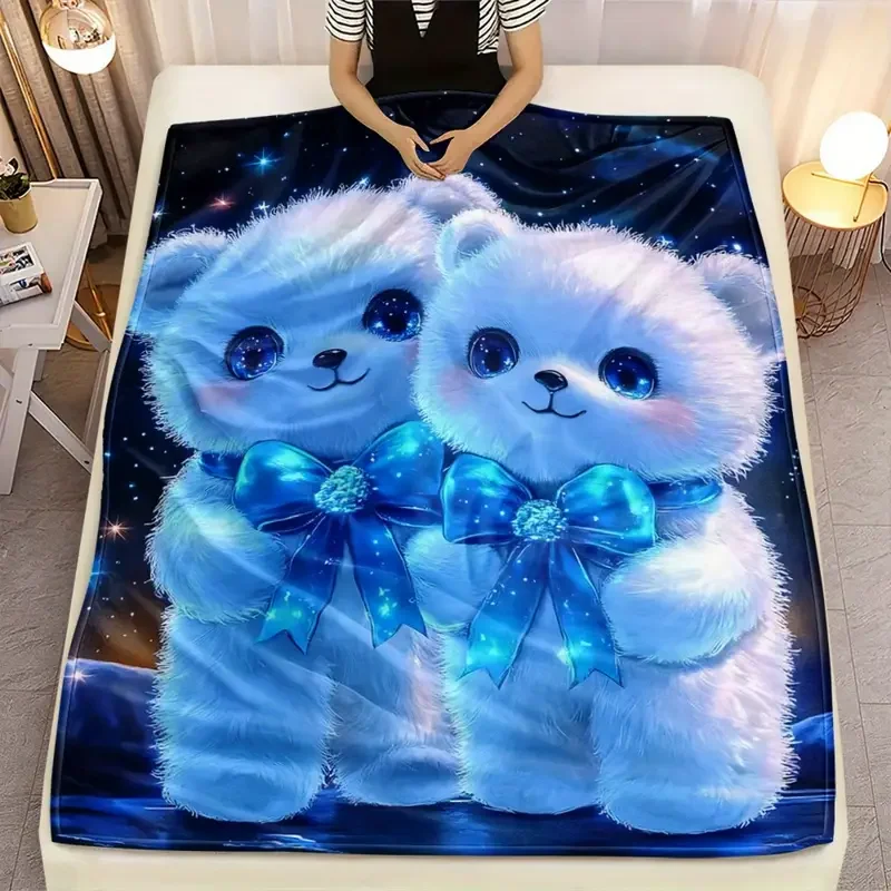 

Фланелевое одеяло с синим бантом и звездным медведем, подходящее для кровати, офиса, дома, кемпинга, уютного тепло, дивана, Хэллоуина и Рождества