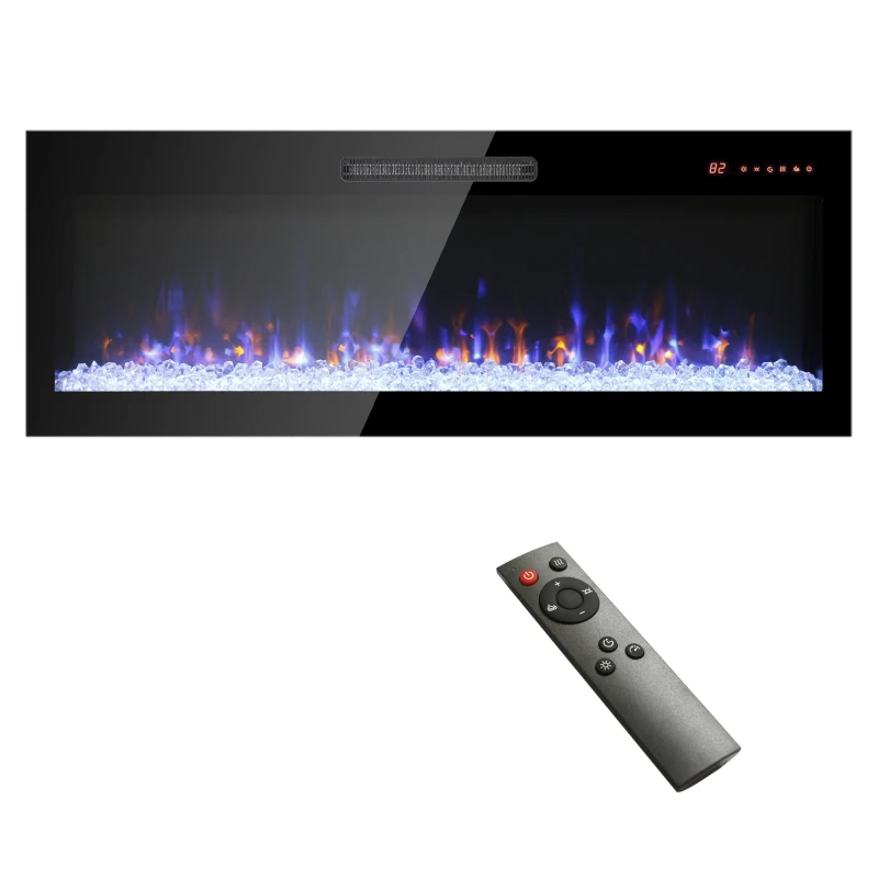 Chimenea eléctrica empotrable de pared frontal de vidrio templado ultrafino de 50 pulgadas con control remoto y llama multicolor y terraza, L