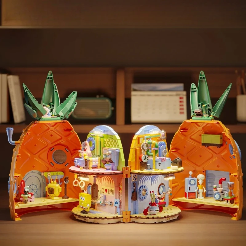 سبونجبوب سكوير بانتس الأناناس منزل اللبنات مع أضواء المنقولة الكرتون أنيمي الأطفال الجمعية لعبة نموذج عرض هدية #5