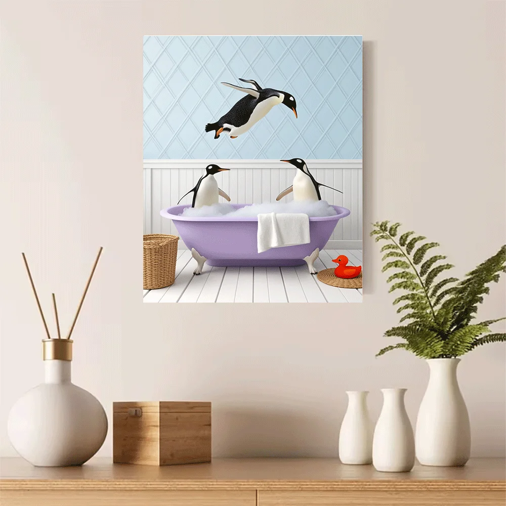1PC-Unframed Canvas poster wall decoration  Penguin Bath Time Funny Animal Art Print Bathroom Decor Wall Art Poster