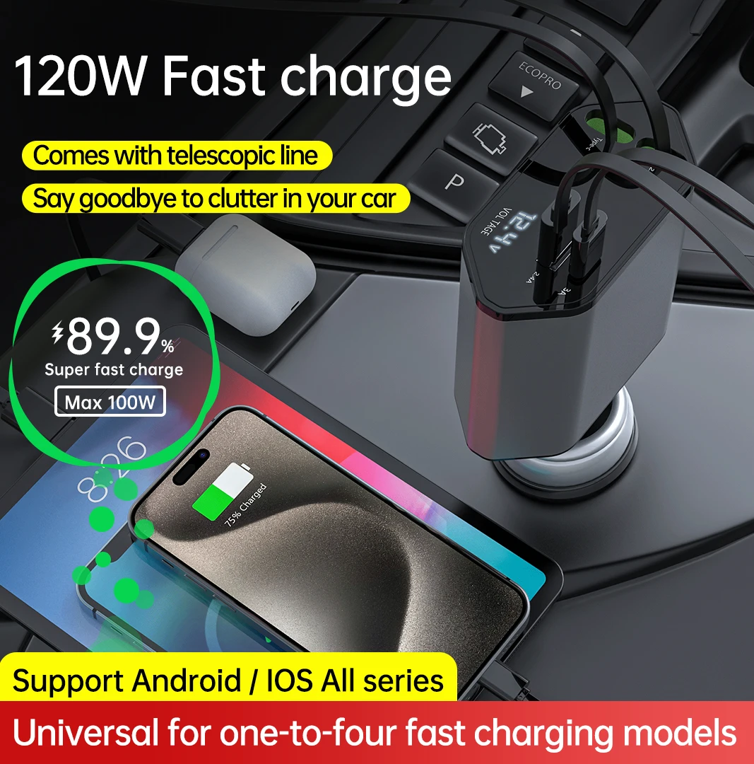 KINLANAO 120W Retractable Car Charger 4 in 1 USB C Fast Charging Car Cigarette Lighter Charger Adapter for iPhone Xiaomi Huawei