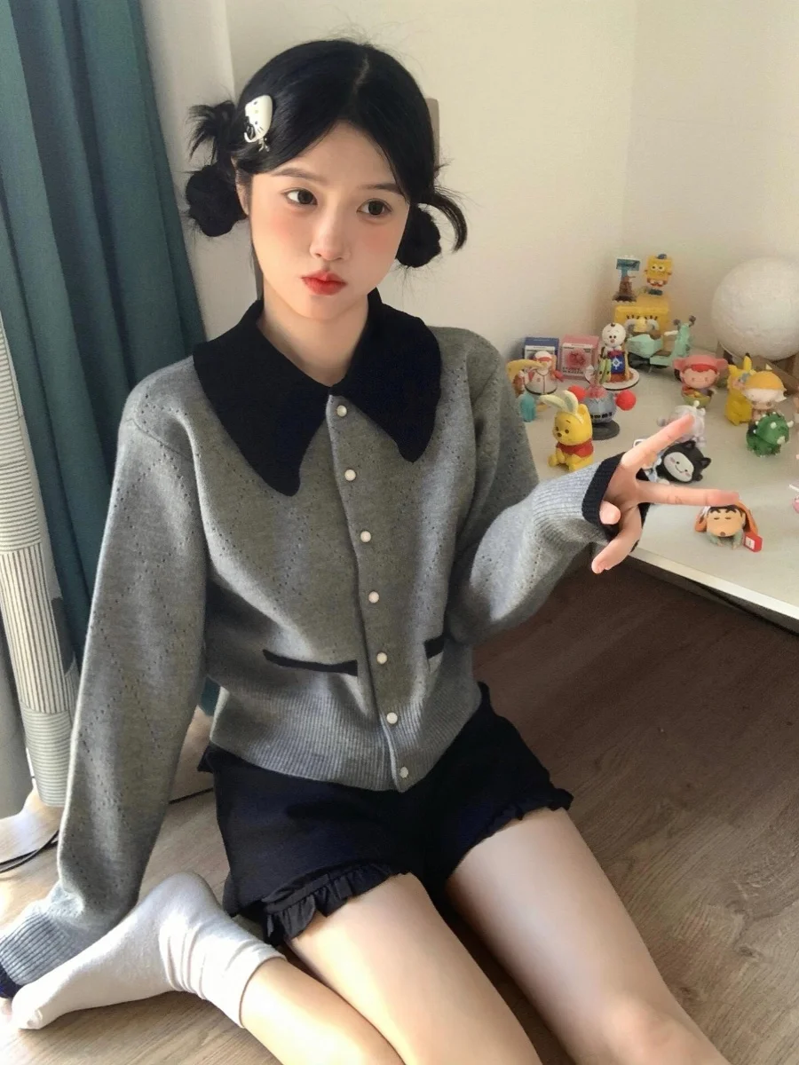 Gray doll collar knitted cardigan women's spring and autumn lazy wind small sweater jacket