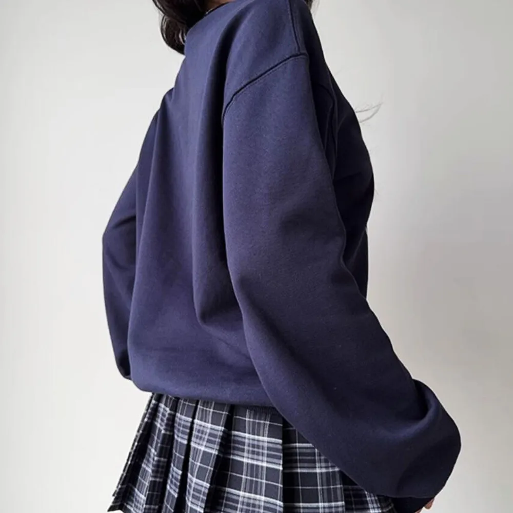 You Go Girl Cartoon-bedrucktes Rundhals-Sweatshirt in Marineblau, Herbst, langärmelig, lockerer, dicker, warmer Pullover, feministischer Pullover im Vintage-Stil