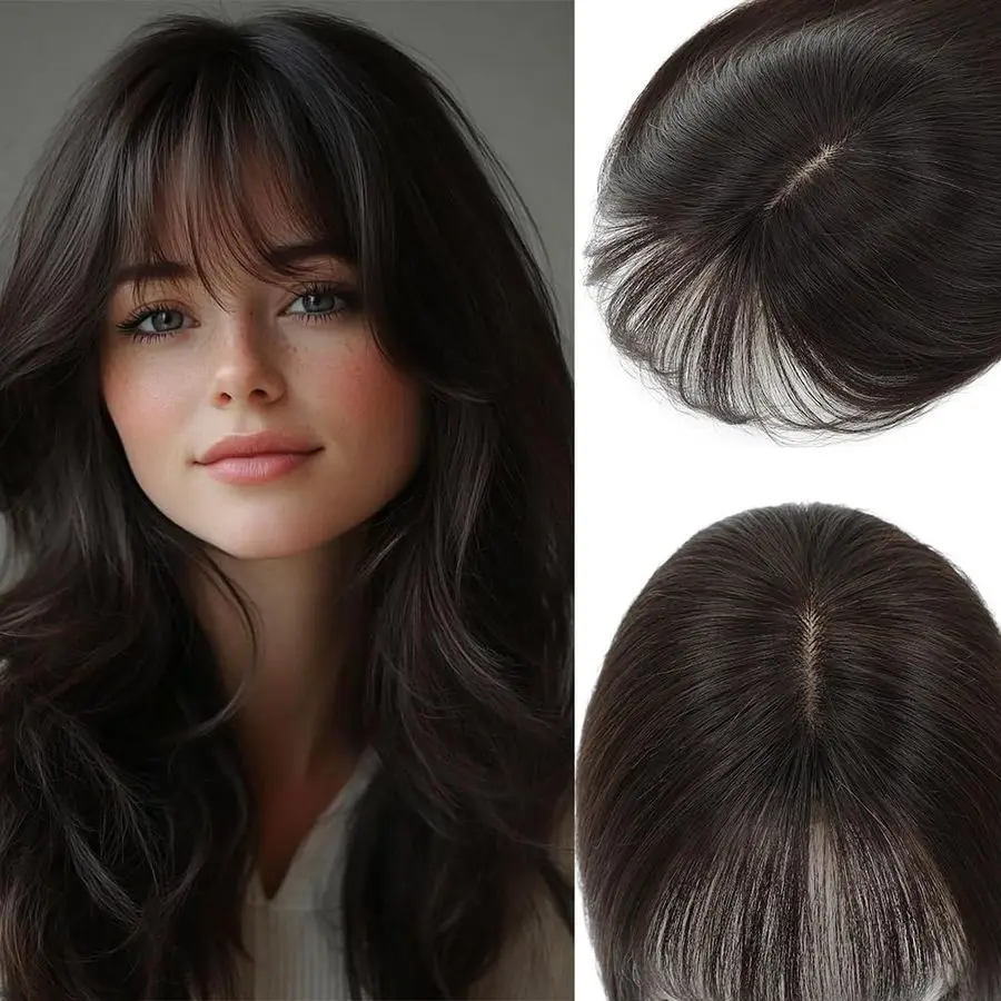 

Toppers for Women Real Human Hair, 360 3D Human Hair Toppers for Women with Thinning Hair Upgrade Middle Part Clip in Bangs Dark