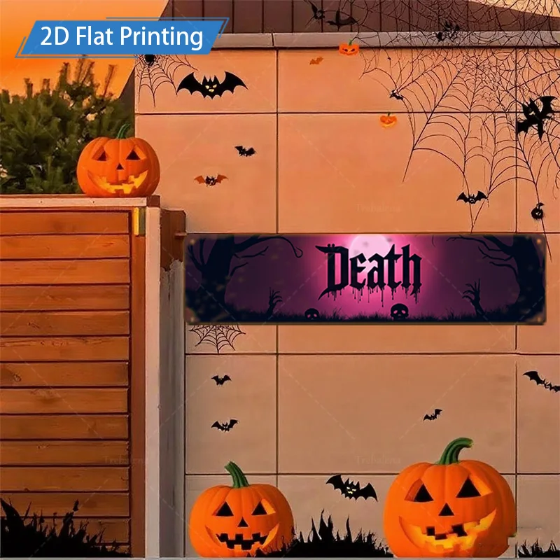 1pc Metal Sign, 4x16inch Halloween "Death" Scene Flat Printing Metal Sign with Pumpkin and Bat Decorations