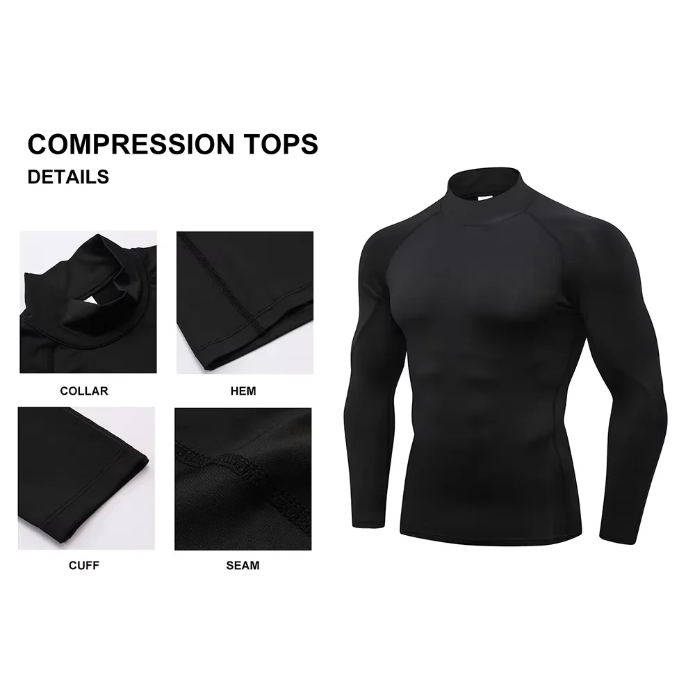 3 Pack Men's Turtleneck Quick dry Long-Sleeved Compression Long Sleeved Sports Fitness Tight T-shirt Running Casual Undershirt