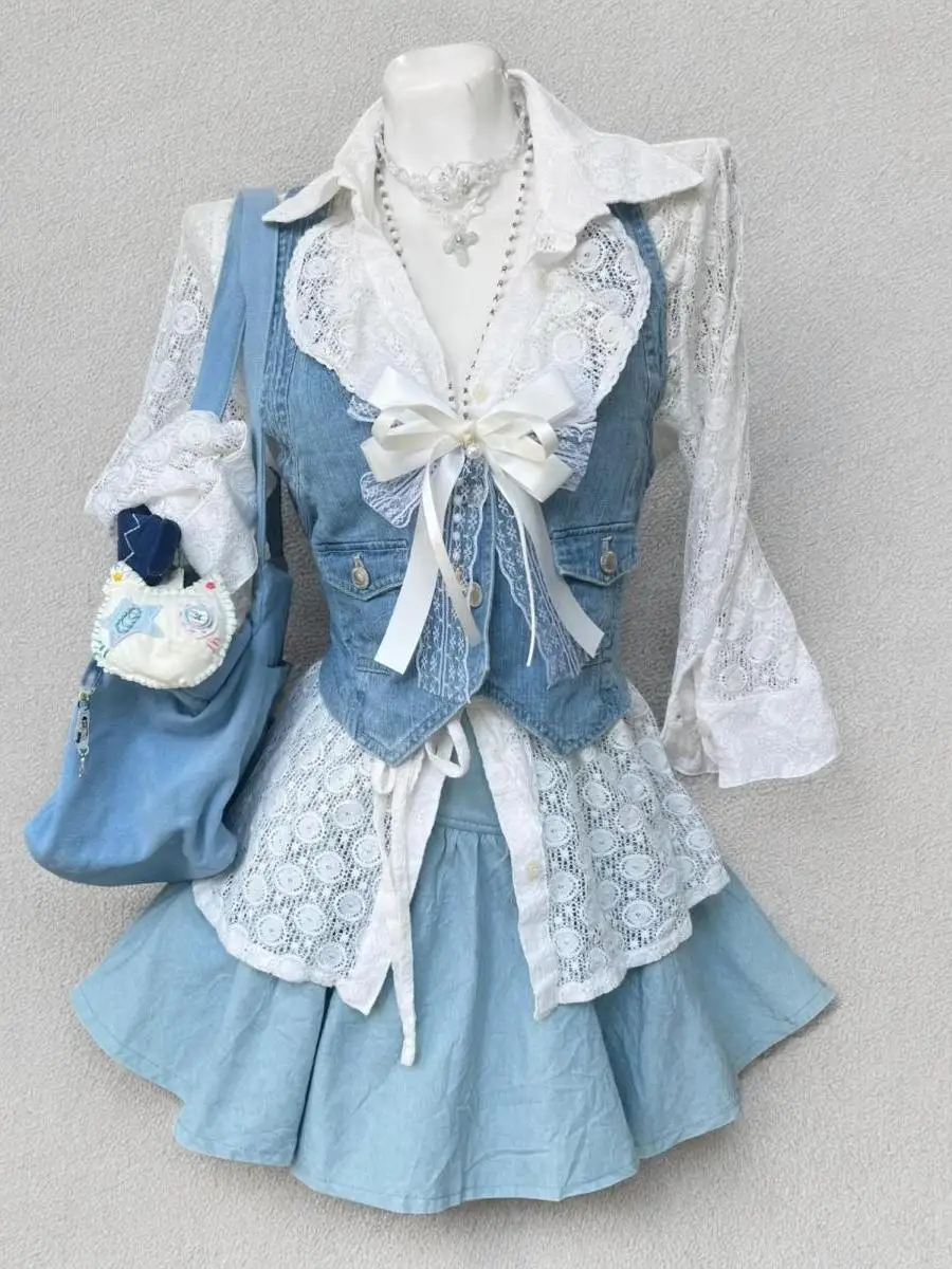 

Новый летний милый синий джинсовый комплект из топа и юбки с двойной пуговицей, асимметричная длинная футболка-свеч, женский костюм