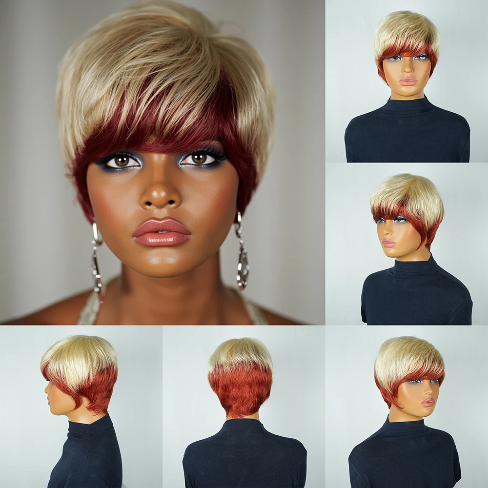 باروكات شعر بشري مفرود قصير ملون أحمر أشقر برازيلي شعر ريمي باروكة بطبقات مع غرة للنساء مصنوعة آليًا مسبقًا