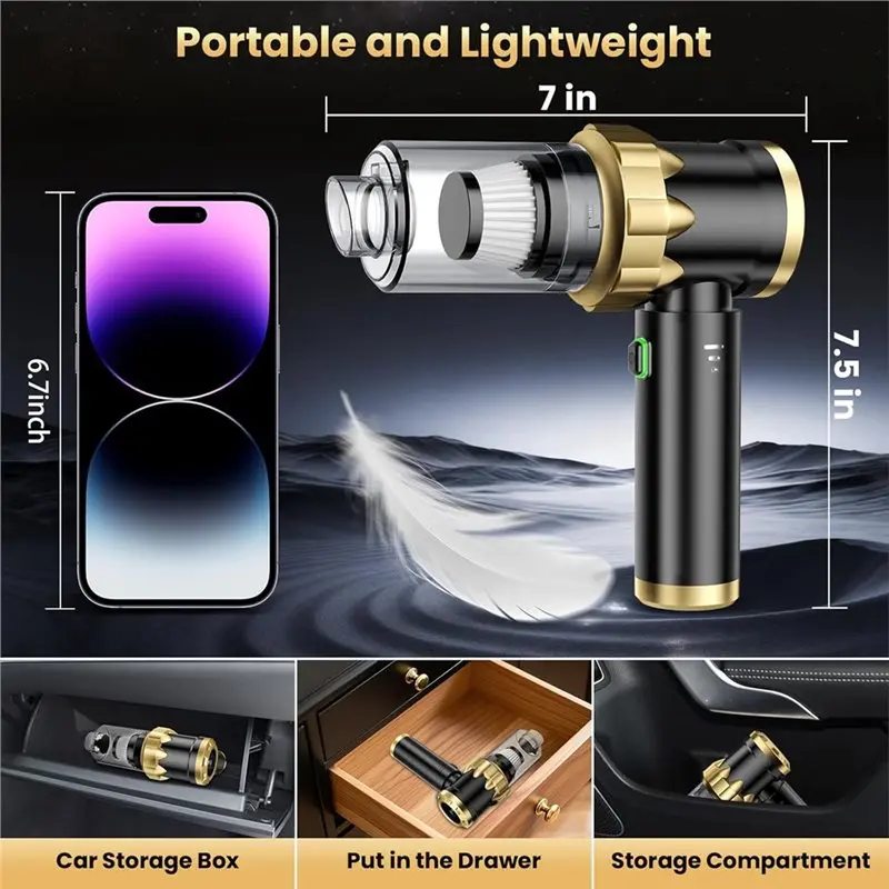 ABBZ-Car Vacuum ポータブルコードレスハンドヘルド掃除機、16000PAの強力な吸引力、7In1エアダスター/ブロワー、車、家庭、ペット用