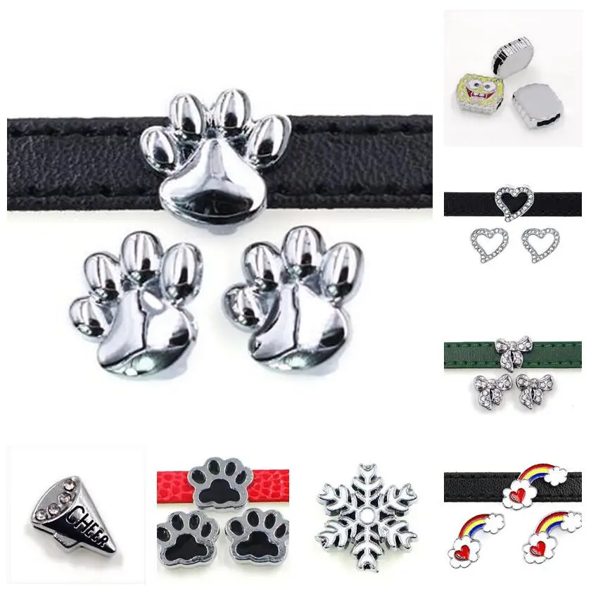 10PC/lot 8MM DIY Heart Paw Slide Charm Fit For 8mm Leather Bracelet Straps Necklace Fashion Jewelrys Making