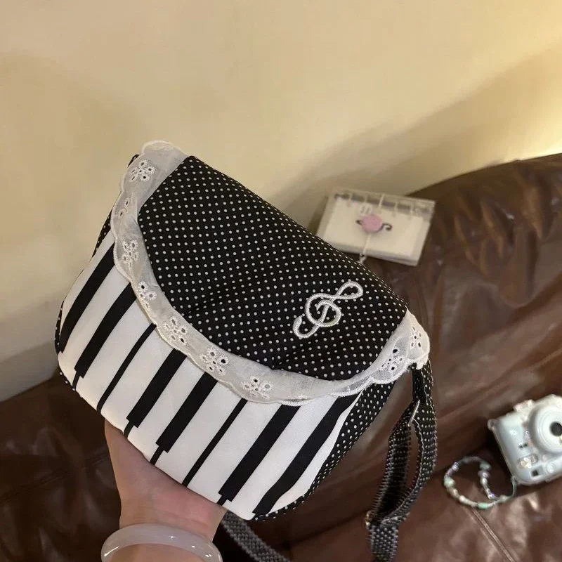 Cute Piano Key Pattern Crossbody Bag Polka Dot Shoulder Purse Lace Trim Flap Sling Bag Sweet Lolita Casual Daily Mini Handbag