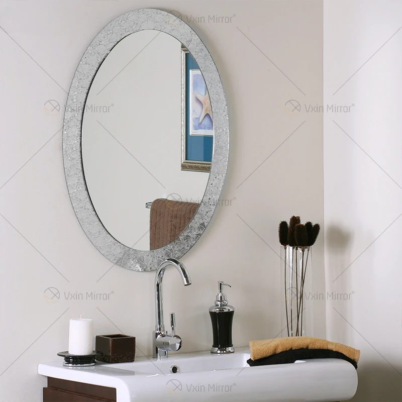 Nordic Oval Bathroom Mirror Silver Crystal Decorative Mirror French Venetian Wall Mirror Glass Craft Light Luxury