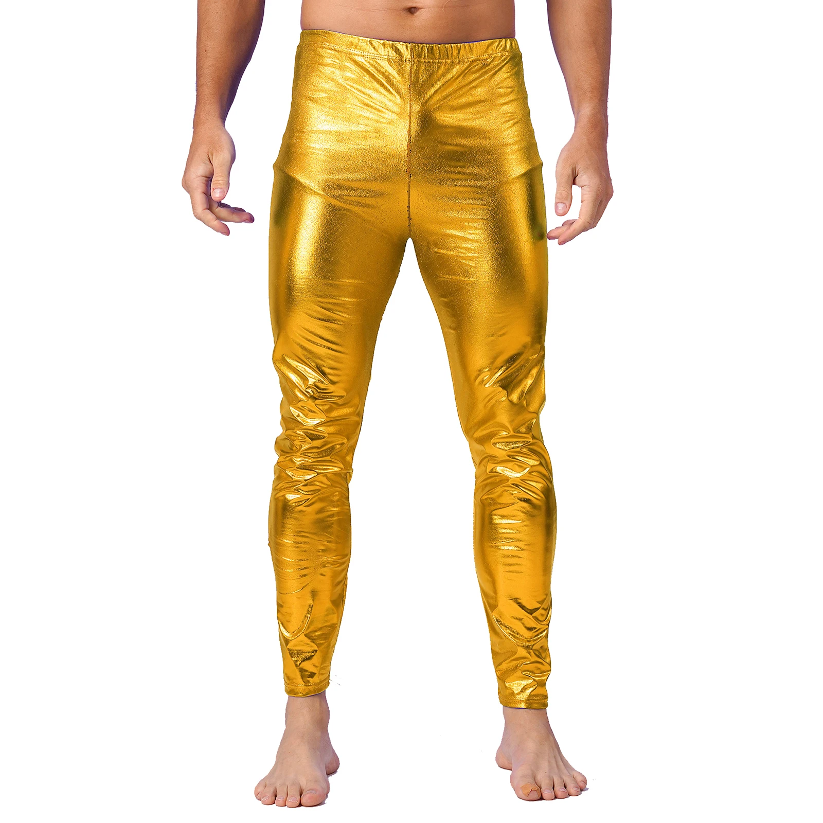 

Mens Metallic Shiny Dj Disco Skinny Pants Leggings Shiny Jazz Dance Long Pants Stage Performance Rave Nightclub Party Costume