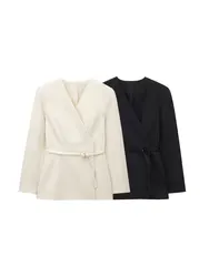 Women's Chic V-Neck Blazer Coat with Belt Long Sleeve Snap-Button Fashion Outerwear Top