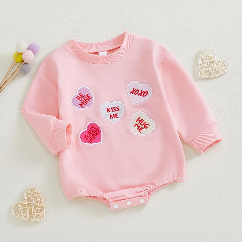 Infant Valentine s Day Jumpsuit with Heart Embroidery Long Sleeve Round Neck Baby Girl Romper Newborn Outfit for Love-themed