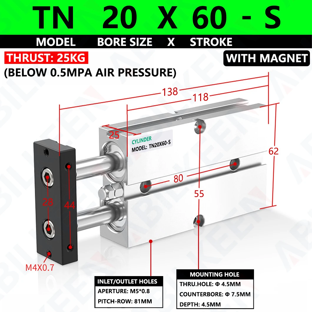 

ABILKEEN TN Series Dual Axis Double Rod Compact Guide Cylinder TN20X60-S 20MM Bore X 60MM Stroke Pneumatic Air Cylinder