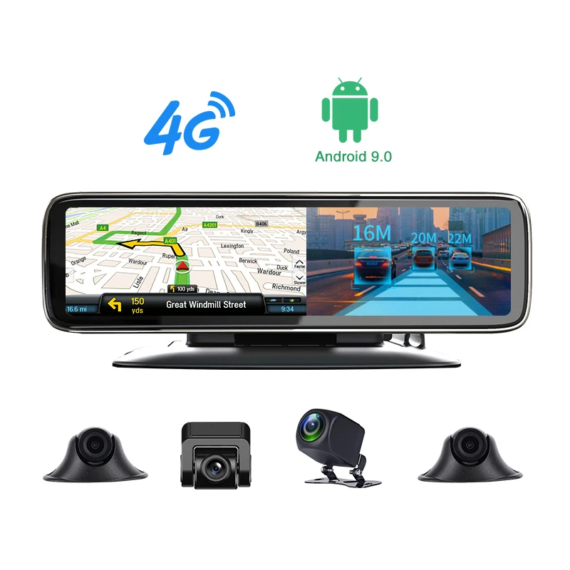 12 Inch 4G Android 1080P Rearview Mirror with ADAS/LCWS/FVWS Dual Lens Car DVR Dashcam IPS Screen Video Recorder 4 Camera System