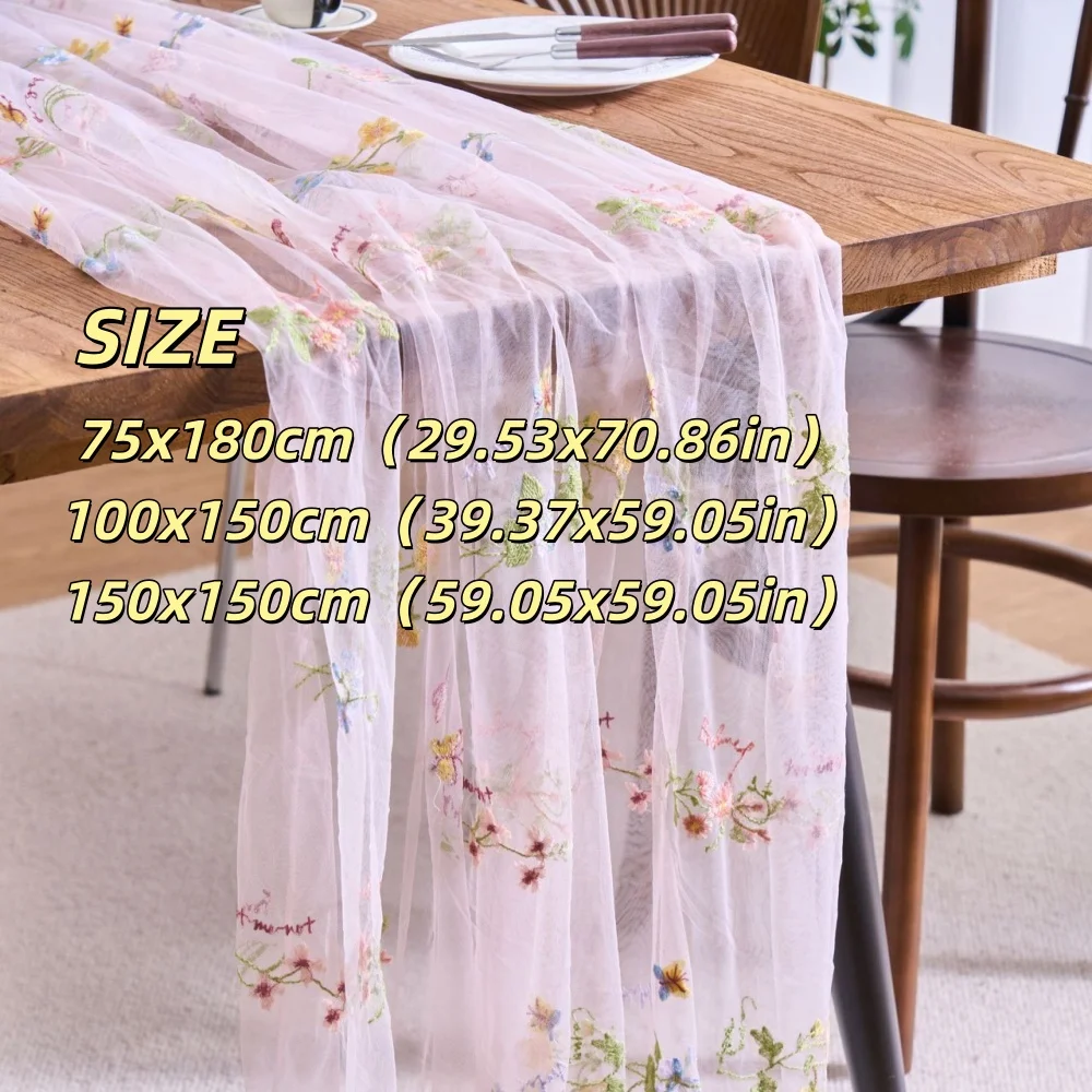 1pc French Embroidered Floral Table Runner Fresh Color Semi-Transparent Wrinkled Table Runner Dining Table Decor