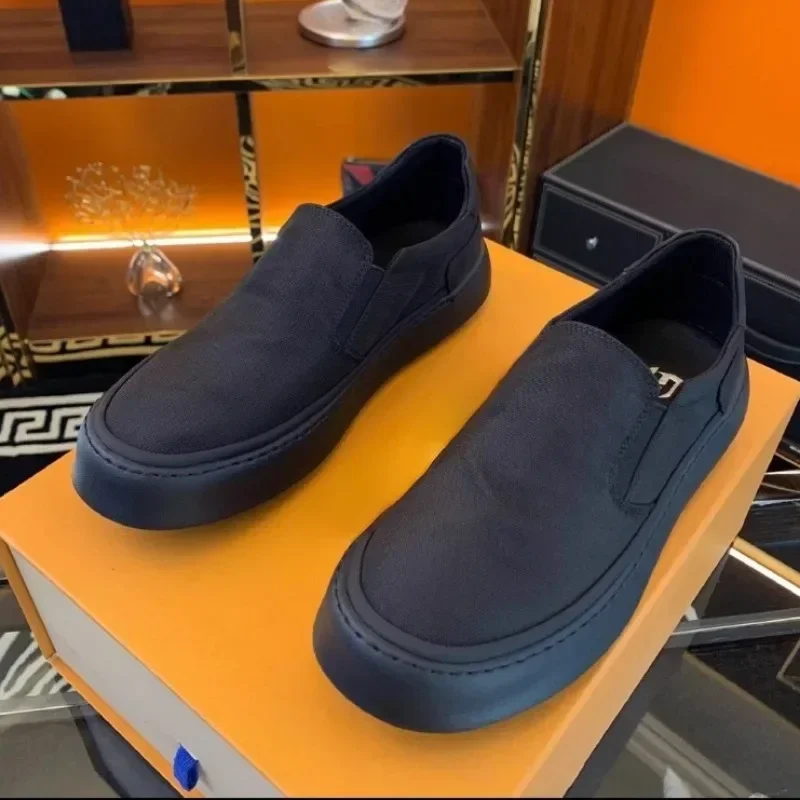 Men's Canvas Shoes Black Solid Color Mens Casual Shoes Breathable Comfortable Slip on Flat Lightweight Loafers Chaussure Hommes