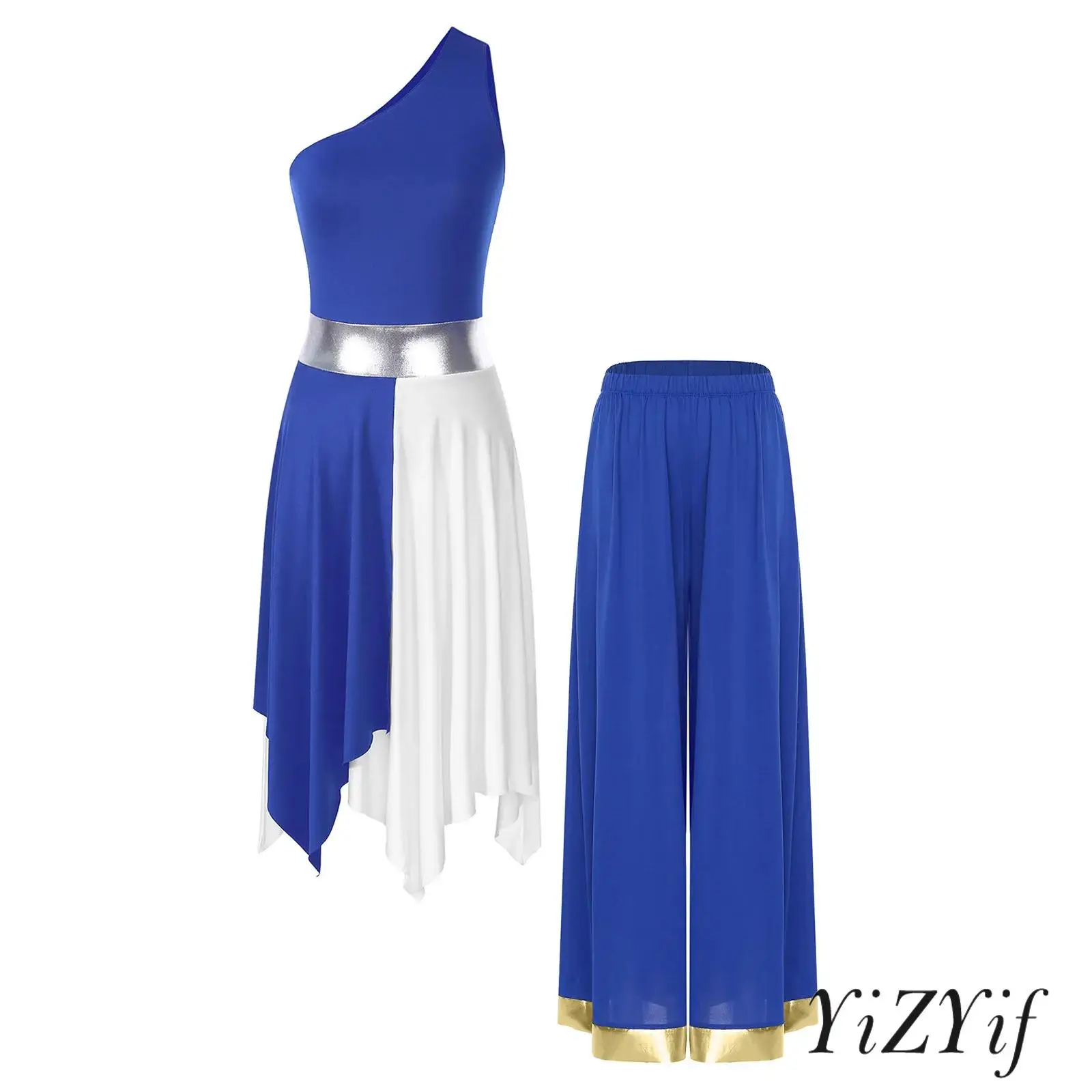 

Womens Trendy Asymmetrical Hem Worship Praise Dance Dress Metallic Patchwork Stretchy Performance Wear for Lyrical Dance Stage