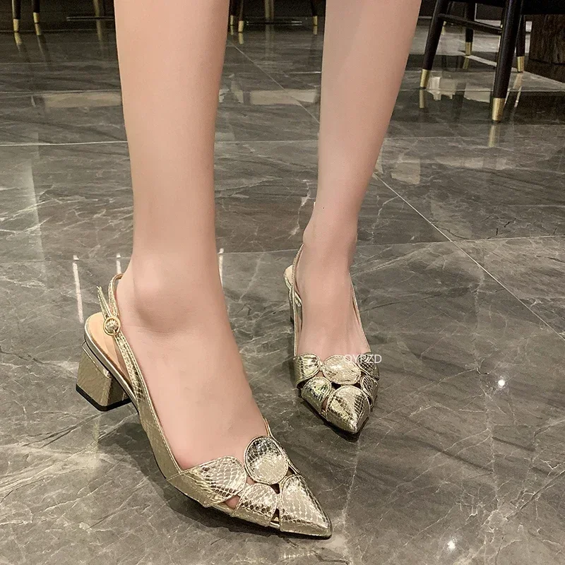 2024 Mode Frauen Leder 3cm High Heels Dame Pointe Toe Gold Heels Sandalen weibliche Hochzeit Braut schuhe Damen High Heel Schuhe