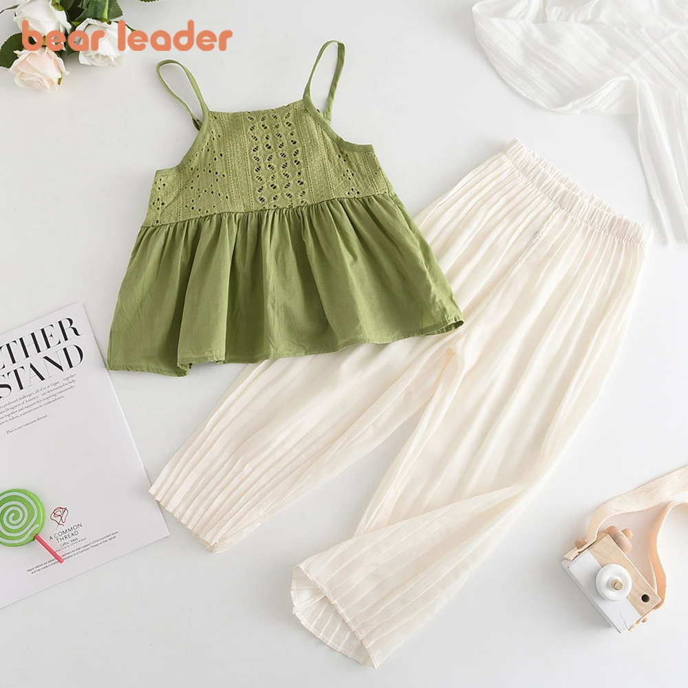 Bear Leader Toddler Girls Suit 2023 New Summer Hollow Suspender Top + Solid Color Trousers Fashion Suit Soft Clothes 2-7 Years