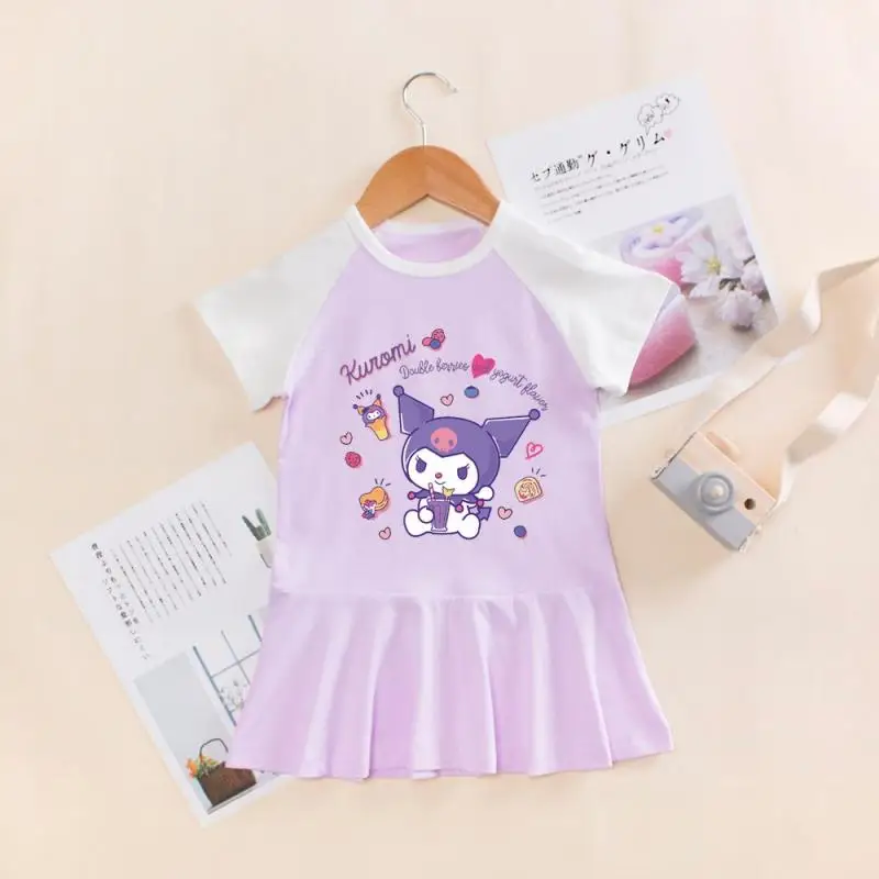 Sanrioed My Melody Kuromi Girl Dress Summer Kids Short Sleeve T-Shirt Skirt Fashion Pleated Skirt Prep Cute Kids Clothes Gift