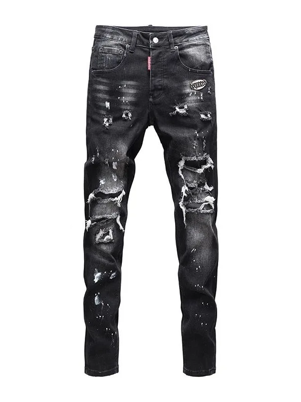 

Luxury Men's Jeans Mid-Waist Slim Fit Distred Patchwork Ink Splatter Print Casual Wear Resistant Wear Light Luxury Sle