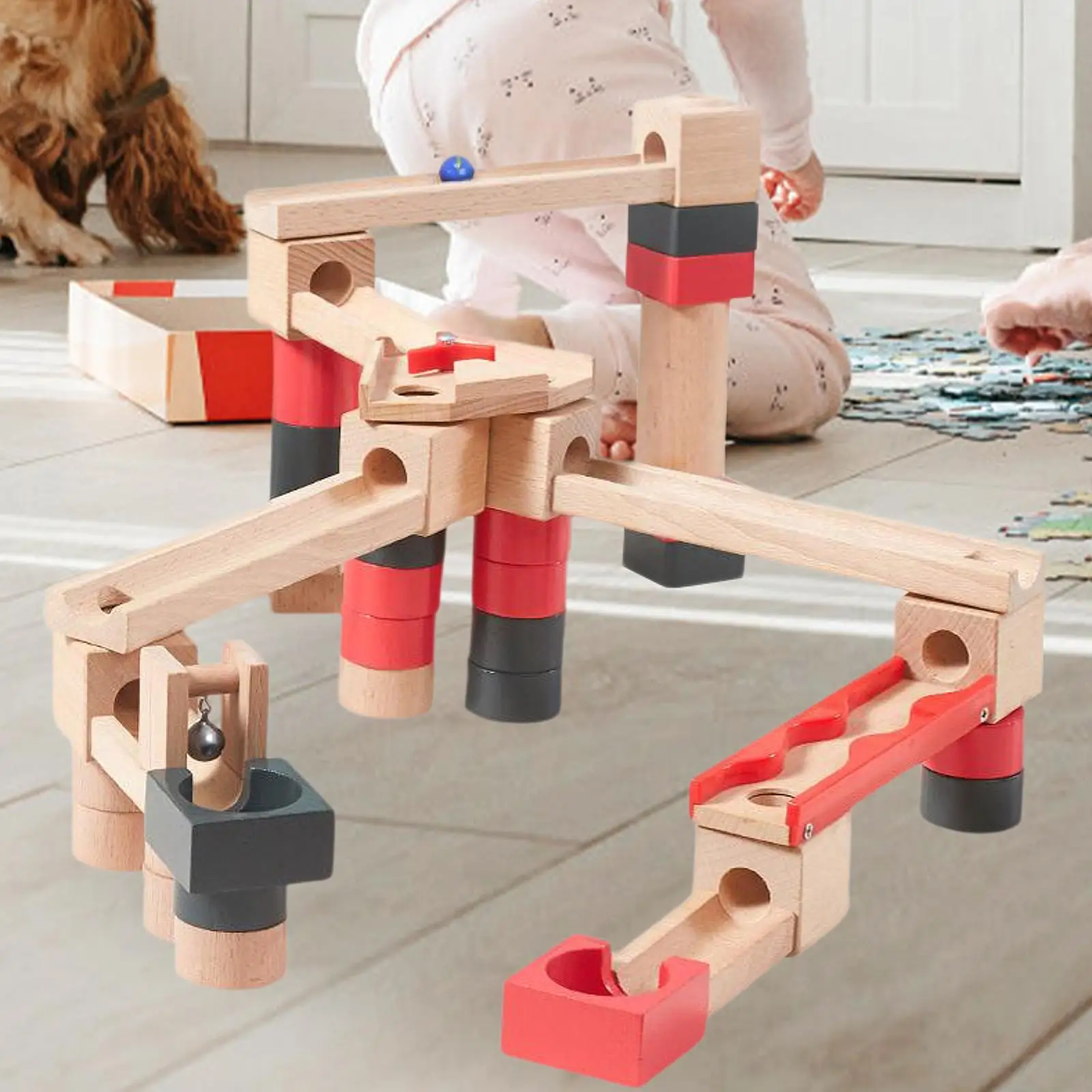 Wooden Marble Run Track Wood Building Blocks Toys Hand Eye Coordination Montessori Toy Construction Play Set for Preschool