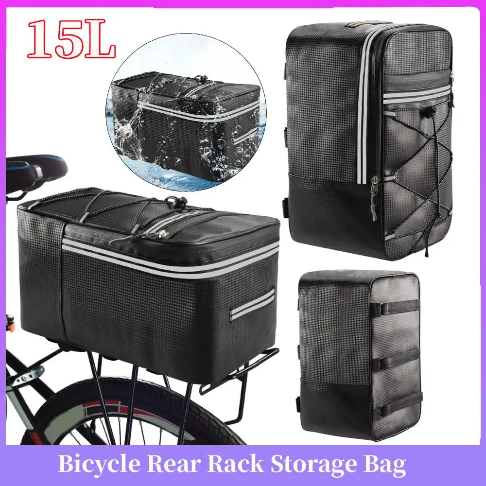 

15L Bicycle Shelf Bag Waterproof Bicycle Rear Rack Storage Luggage with Reflective Stripes&Zipper PU Multi Pocket Elastic Strap
