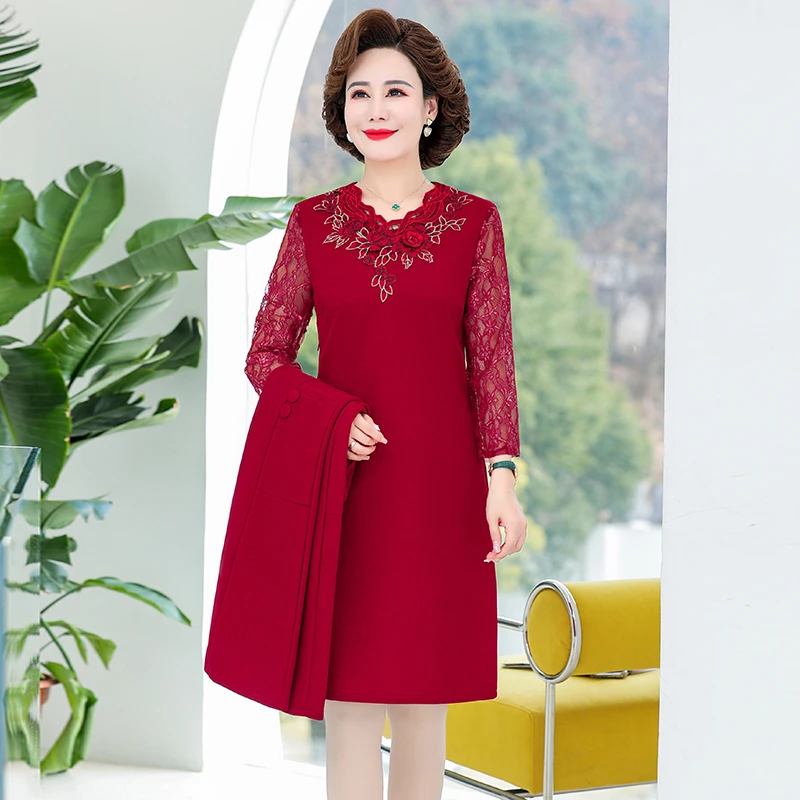 Elegant Middle Age Mother sets Dresses Red Wedding Party Dress Women Two Pieces Suit noble Vestido