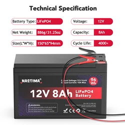 Nastima 12V 8Ah LiFePO4 Battery Lithium Iron Phosphate Rechargeable Battery With 10A BMS for Fish Finder Scooter Light Kids Car