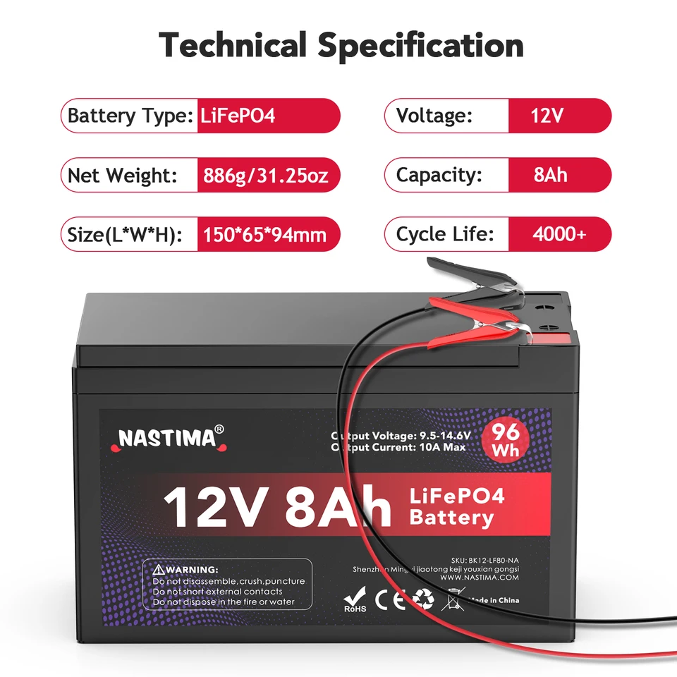 MXJFYY LiFePO4 12V 8Ah Batterie – Mit BMS, 4000 Zyklen, Für Solar, Alarm, Kinderauto
