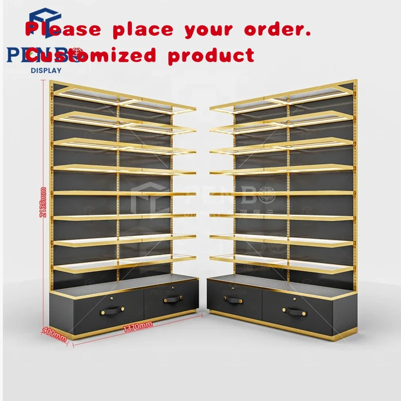 custom.Luxury Stylish Black Gold Multi - Tiered Metal Jewelry Display Shelves With Led Lighting Boutique Showcases