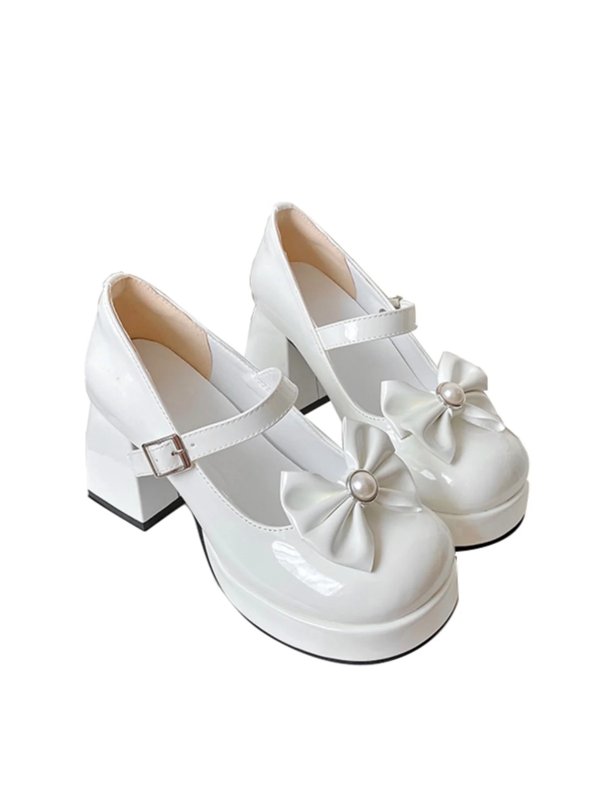 Sweet Cute Lolita Bowknot Pearl Women's High Heels Spring Autumn Japanese Style Fashion Solid Color Round Toe Square Heel Pumps