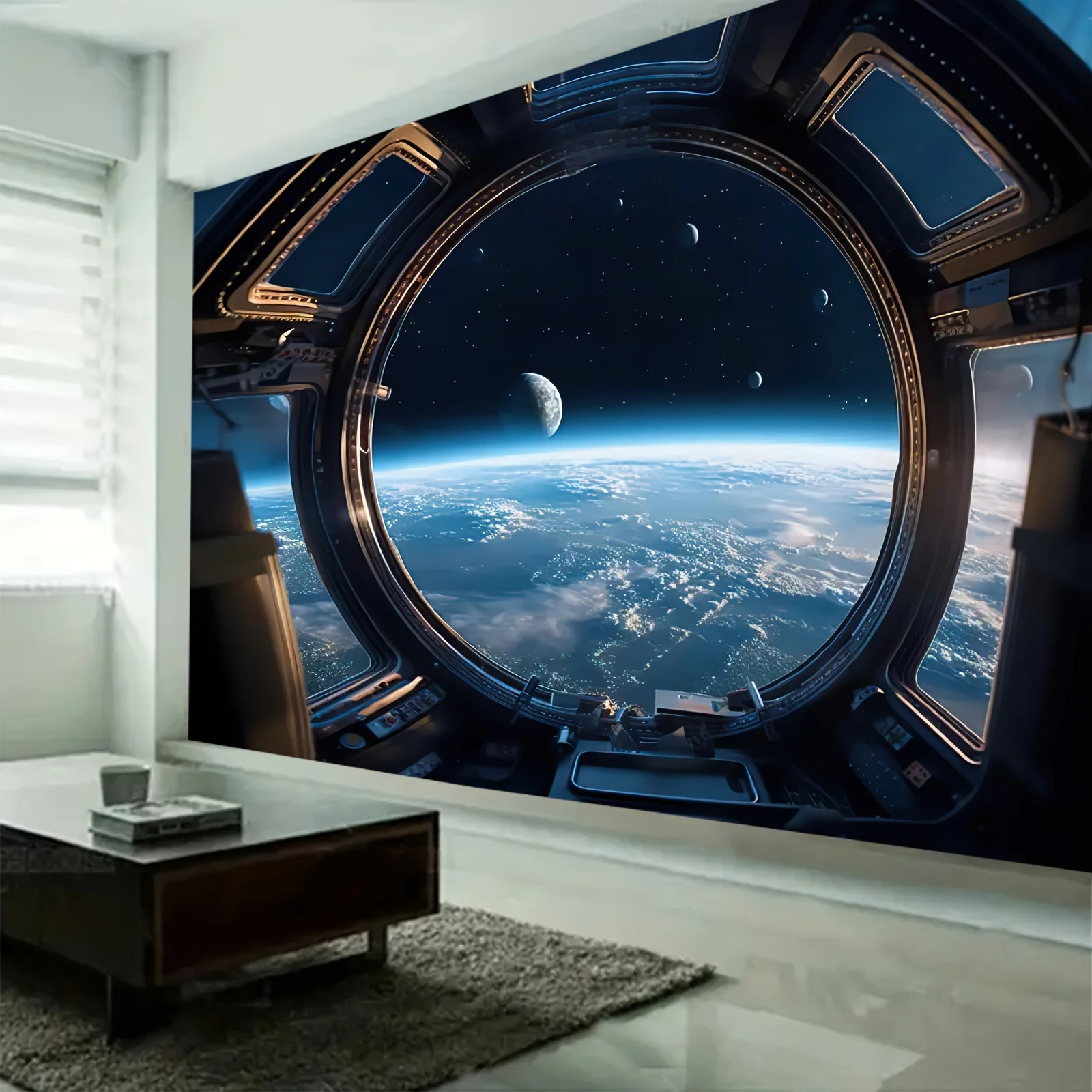 VIKAMA Spacecraft Porthole Earth Starry Sky Theme Tapestry Bedroom Living Room Gaming Room Decor Room Decor