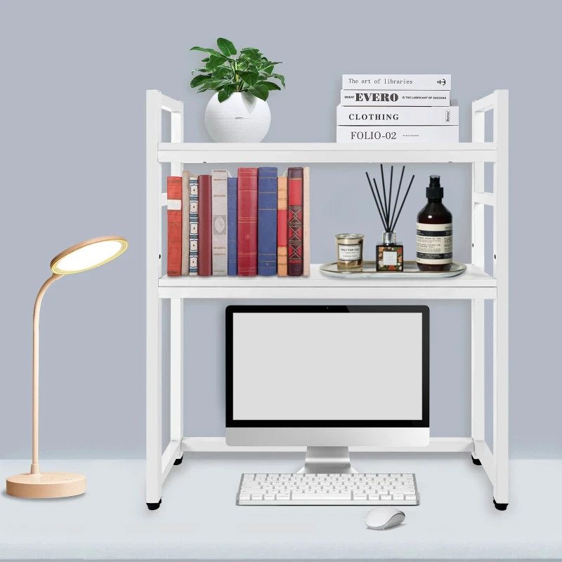 

90x75cm Computer Desktop Bookcase 2-Tier Multipurpose Countertop Shelf Adjustable Wood Rack Organizer for Home Dorm Office