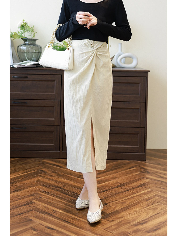 

High Waist Midi Pleated Skirt in Light Khaki Bla Vintage Knot Design Slimming Elastic Waist Casual Simple Sle Women's Skirt