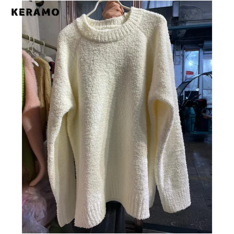 2024 Spring Casual Knitting Long Sleeve Round Neck Pullovers For Women Vintage Knitwear Loose Fit Solid Color Sweater Top