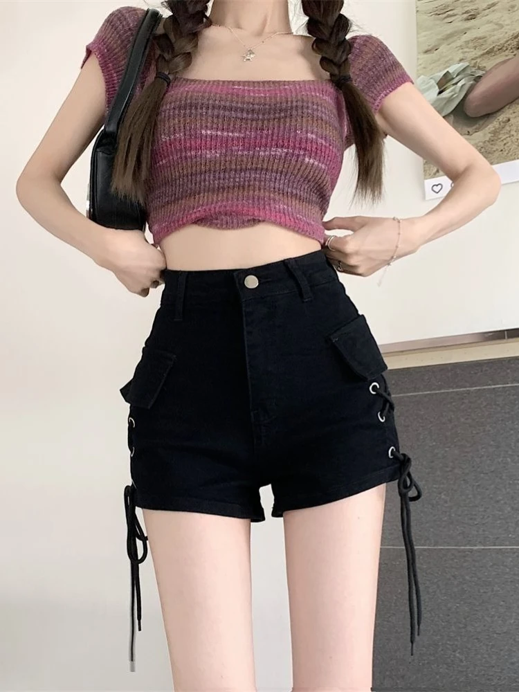 

Women's Retro High Waist Cargo Shorts Elastic Slim Fit Black Summer Hot Pants with Drawstring Design