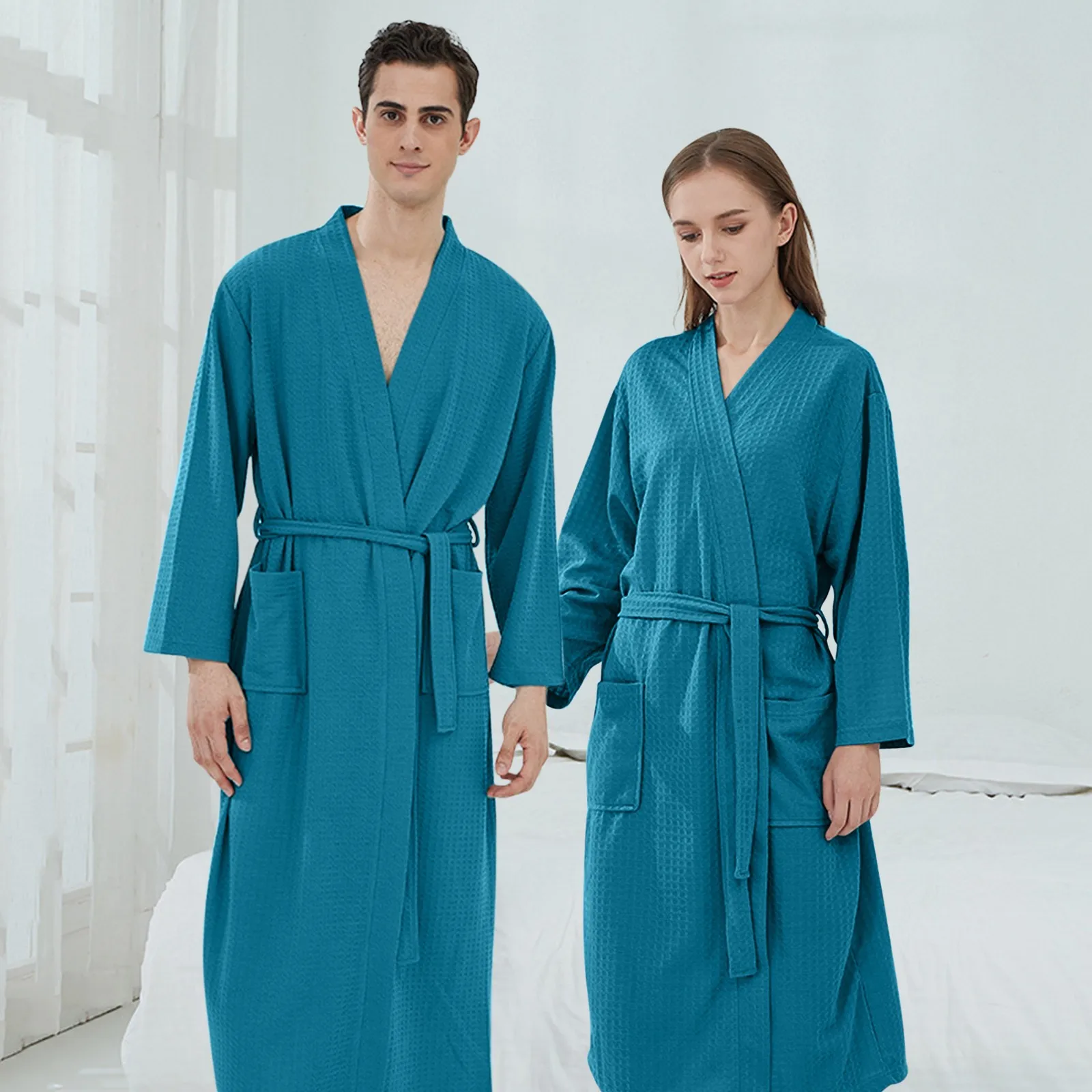 Waffle Bathrobe For Ladies Men Couple Cloth Robe Sleepwear Dressing Gown With Pocket V-Neck Lace-Up New In Women\'s Sleepwear