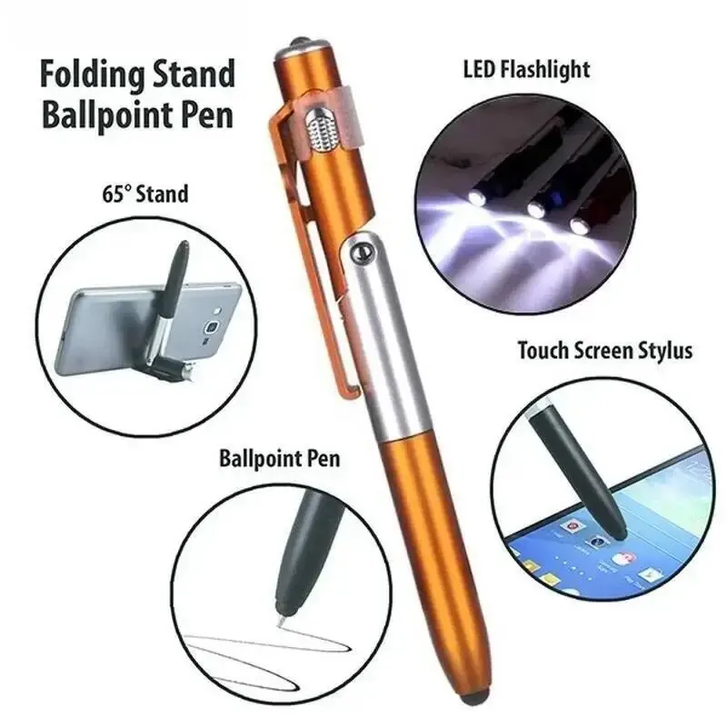 4 In 1 Multifunction Touch Pen Ballpoint Pen With LED Light Folding Stand For Smartphone Holder Night Reading Stationery Pencil