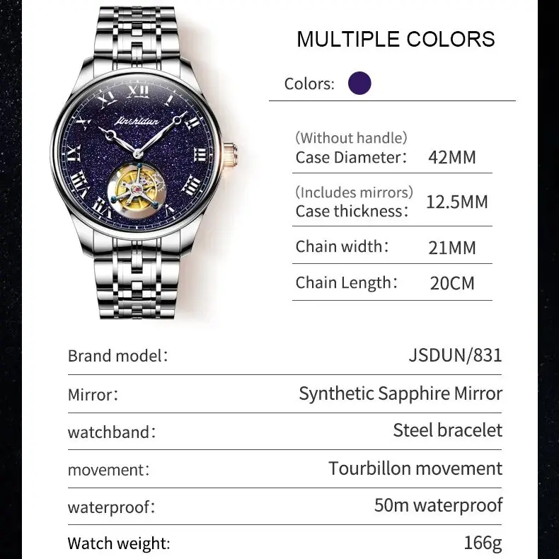 Reloj JSDUN 831 True Tourbillon para hombre, reloj de lujo Retro a escala romana de alta calidad, reloj mecánico automático con espejo de zafiro para hombre