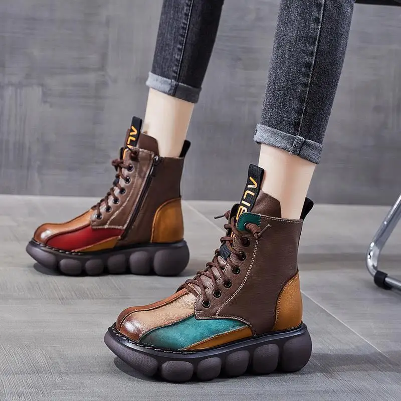 Autumn Mixed Color Shoes Women Boot 2024 Fashion Round Toe Lace Up Retro Handmade Casual Platform Ankle Boots Ladies Short Boots