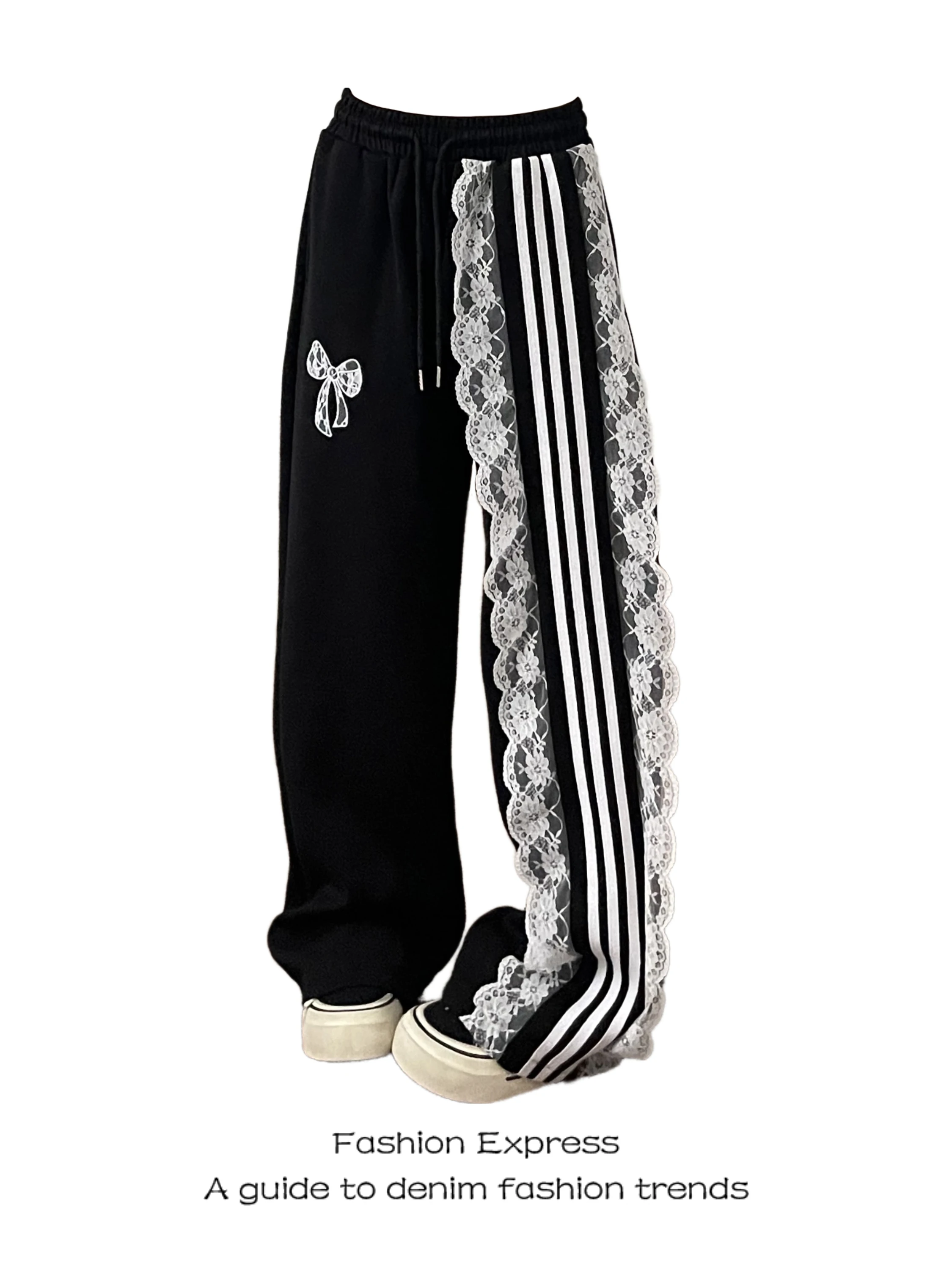 

Black Embroidered Lace Sports Pants Women's Casual High Waist Trousers Ballet Design Cool Sweet Style Commute Fashion