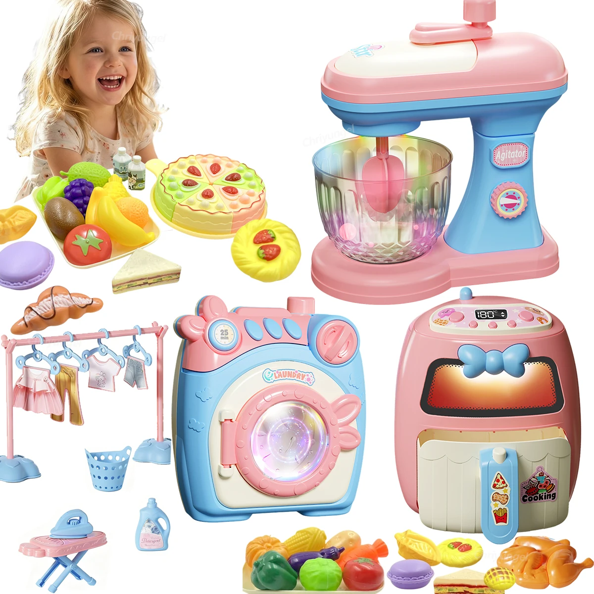 Spielzeug-Küchengeräte-Set für Kleinkinder mit Luftfritteuse, Mixer und Waschmaschine - Lehrreiches Geschenk für Kinder, Mädchen und Jungen